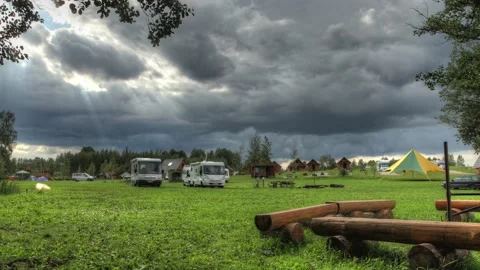 Camping overview timelapse with fast moving clouds Stock Footage 237818620