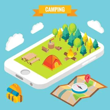 Camping in a park objects on mobile phone screen. Vector illustration in flat 3d Ilustração Stock