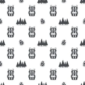 Camping pattern with backpack, trees and pine cone symbols. Adventure seamless Stock Illustration