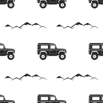 Camping Pattern Design - Adventure retro car and mountains symbols. Outdoors 스톡 일러스트