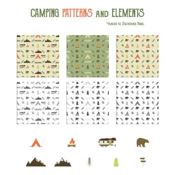 Camping patterns and hiking elements set - tent, bear, bonfire, van trailer Stock-Illustration