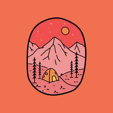 Camping in a pine forest with illustrations on the night in mono line art Stock Illustration