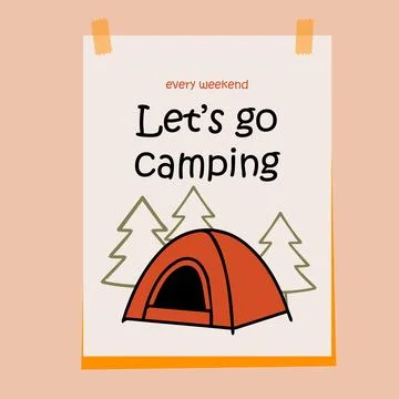 Camping poster with red tent pine trees and text. Simple design perfect for Stock Illustration