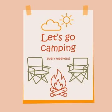 Camping poster with sun cloud chairs and campfire. text Lets go camping every Illustrazione stock