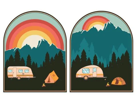 Camping poster sunset landscape Stockillustratie