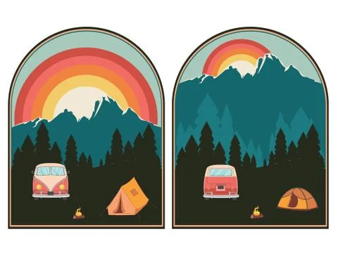 Camping poster sunset landscape Stock Illustration