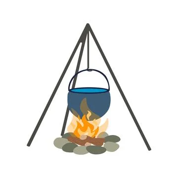 Camping pot over bonfire. Vector Illustration on a white background Stock Illustration