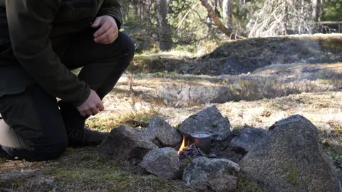 Camping Pot Over Campfire in Forest Clearing 库存影片 333581075