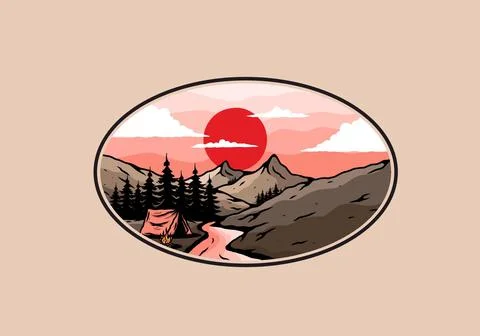 Camping by the river flat illustration Stock Illustration