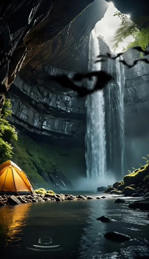 Camping at rocky waterfall Stock Footage 284321524