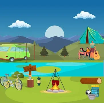 Camping Scene in Mountains Illustrazione stock