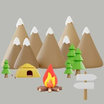 Camping scene. Vector tent, fire, trees and mountain background. 스톡 일러스트