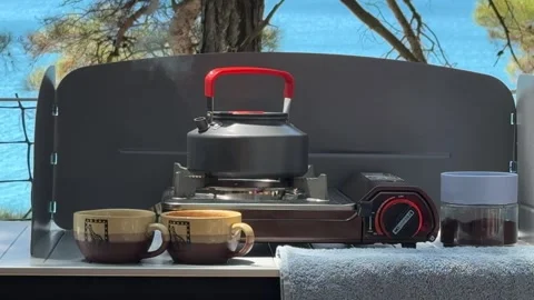 Camping at sea in a pine forest. Stock Footage 282084078