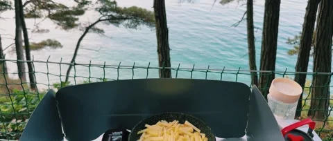 Camping at sea in a pine forest. Stock Footage 282360545