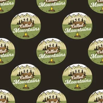 Camping seamless pattern with adventure badges. Travel wallpaper background Stock Illustration