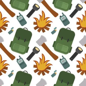 Camping seamless pattern with backpack, flashlight, fire, axe, lighter Stock Illustration