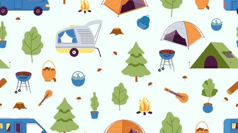 Camping seamless pattern. Camp tent, cars and tree, fire and mushroom. Summer Stock Illustration