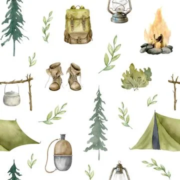 Camping seamless Pattern. Hand drawn hiking illustration on white isolated Stock Illustration