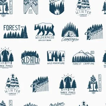 Camping seamless pattern, mountains coniferous forest and wooden logo. engraved Stock Illustration
