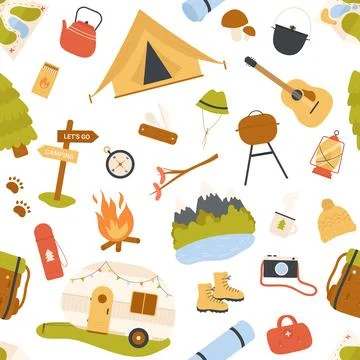 Camping Seamless Pattern With Outdoor Elements Stockillustratie