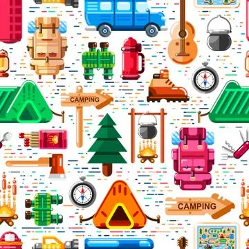 Camping seamless pattern. Vector camp stuff, equipment and tools illustration Illustrazione stock