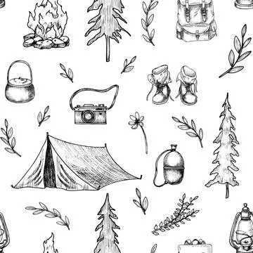 Camping seamless Pattern. Vector hiking illustration on isolated background Illustrazione stock