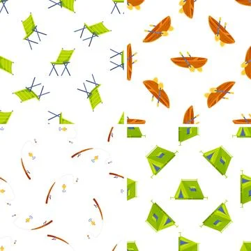 Camping seamless patterns showing folding chairs, fishing rods, kayaks and tents Stock-Illustration