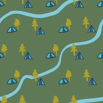 Camping seamless vector pattern in green and blue Stock Illustration