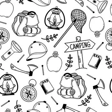 Camping seamless vector pattern. Hand-drawn illustration. Tourism elements Illustrazione stock