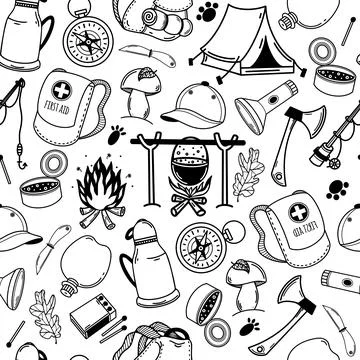 Camping seamless vector pattern. Hand-drawn illustration. Travel elements Illustrazione stock