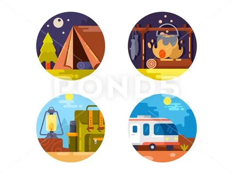 Camping set icons Stock Illustration