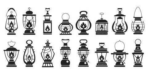 Camping silhouette lantern set. Vector of camping equipment. Stock Illustration