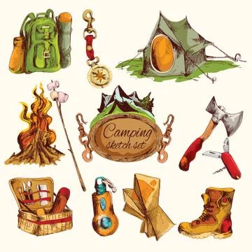 Camping sketch set colored Stock Illustration