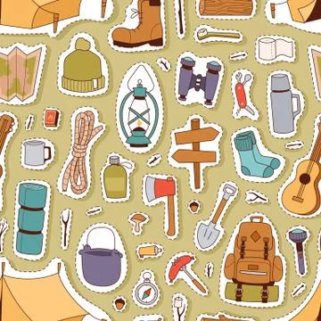Camping stickers seamless pattern Stock Illustration