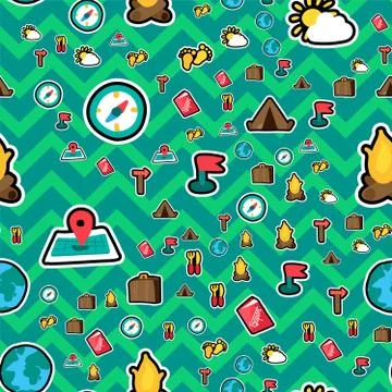 Camping stickers seamless vector pattern Illustrazione stock