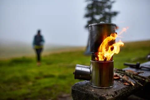 Camping stove with wind defence Stock Photos