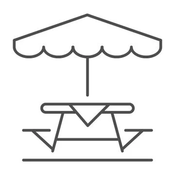 Camping Table and Bench with umbrella thin line icon, picnic concept, Table and Illustrazione stock