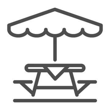 Camping Table and Bench with umbrella line icon, picnic concept, Table and Bench Illustrazione stock
