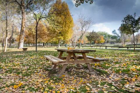 Camping table and benches one autumn day. Cuellar. Spain Stock Photos