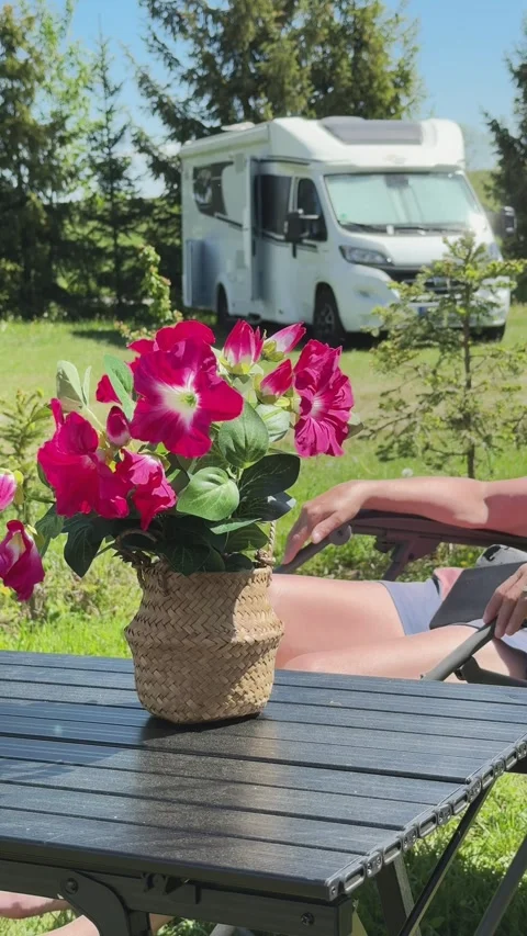 Camping Table Flowers and Sun Lounger at Scenic Motorhome Campsite 库存影片 336945600