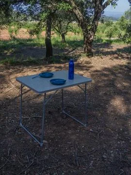 Camping table with tableware and bottle in the forest Foto stock