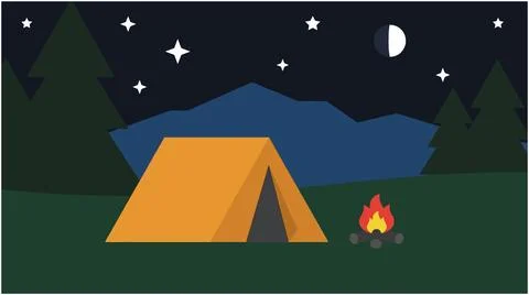 Camping tent and campfire under night sky with stars campfire mountains Stock Illustration