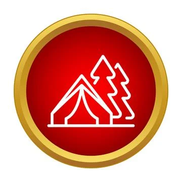 Camping tent and pine trees line icon Stock Illustration