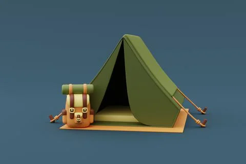 Camping tent with backpack isolated on blue background for Summer camp,holida Stock Illustration