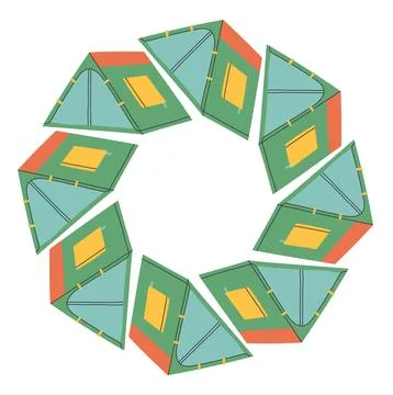 Camping tent circle frame. Simple blue green yellow red tent border. Camping Stock Illustration