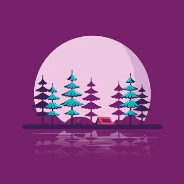Camping tent in the forest, flat style design Stock Illustration