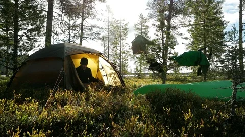 Camping with Tent in the Forest Stock Footage 97236947