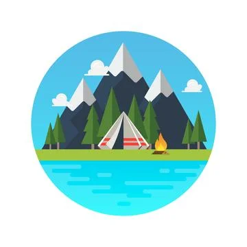 Camping tent with landscape logo. Stock Illustration