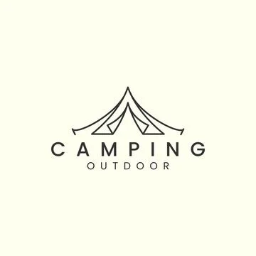 Camping tent logo with linear vector illustration, summer camp, tree icon tem Stock Illustration