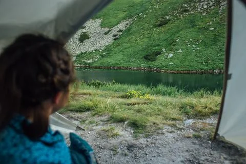 Camping tent, Looking from inside the tent to view outside the mountains an.. Stock Photos